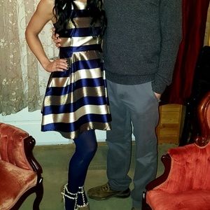 Navy/ gold/ cream striped dress